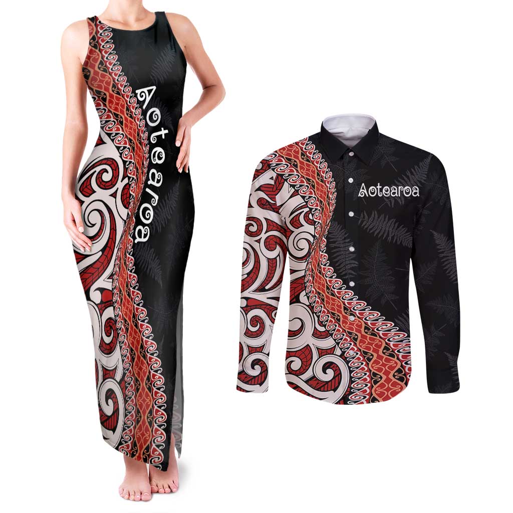 Aotearoa Maori Stylized Koru - Silver Ferns Couples Matching Tank Maxi Dress and Long Sleeve Button Shirt