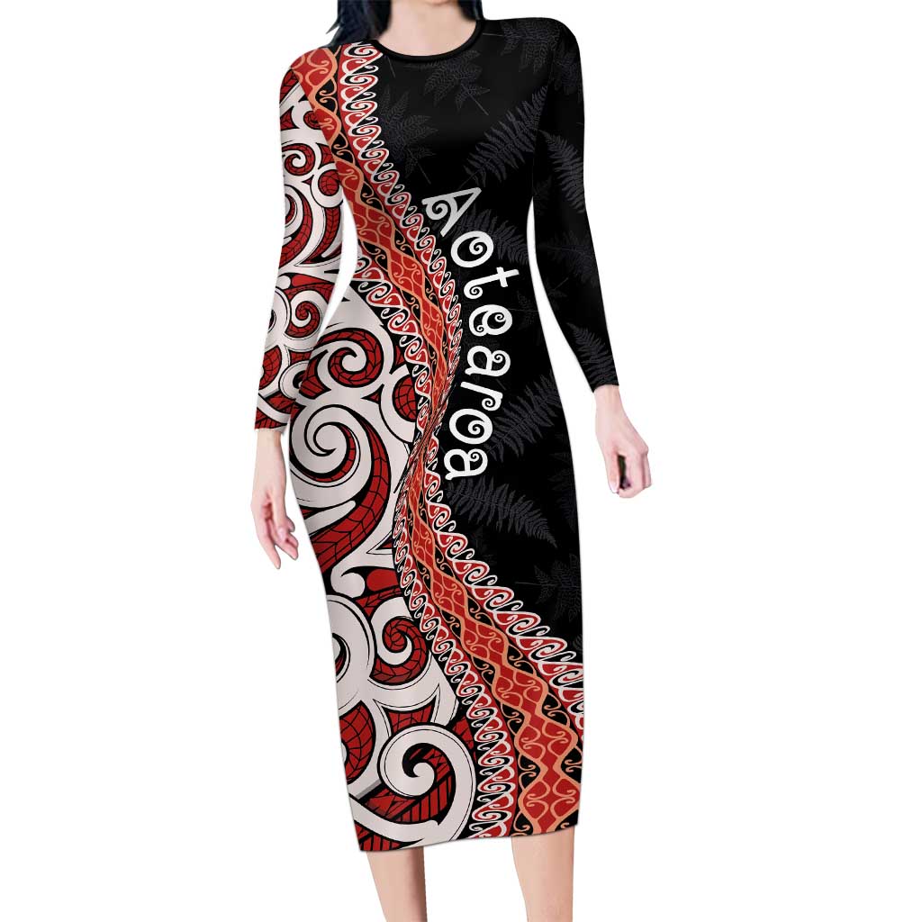 Aotearoa Maori Stylized Koru - Silver Ferns Family Matching Long Sleeve Bodycon Dress and Hawaiian Shirt