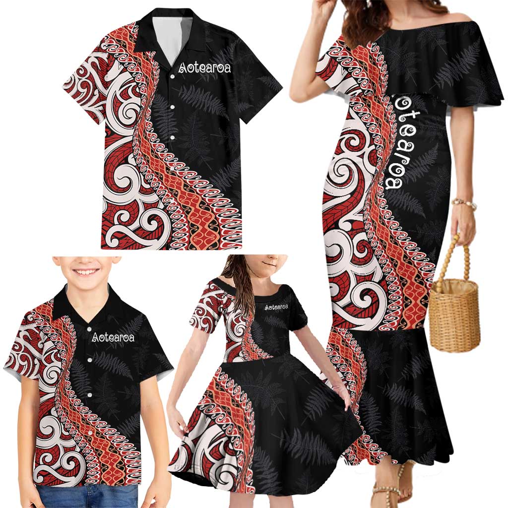 Aotearoa Maori Stylized Koru - Silver Ferns Family Matching Mermaid Dress and Hawaiian Shirt