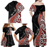 Aotearoa Maori Stylized Koru - Silver Ferns Family Matching Off Shoulder Maxi Dress and Hawaiian Shirt