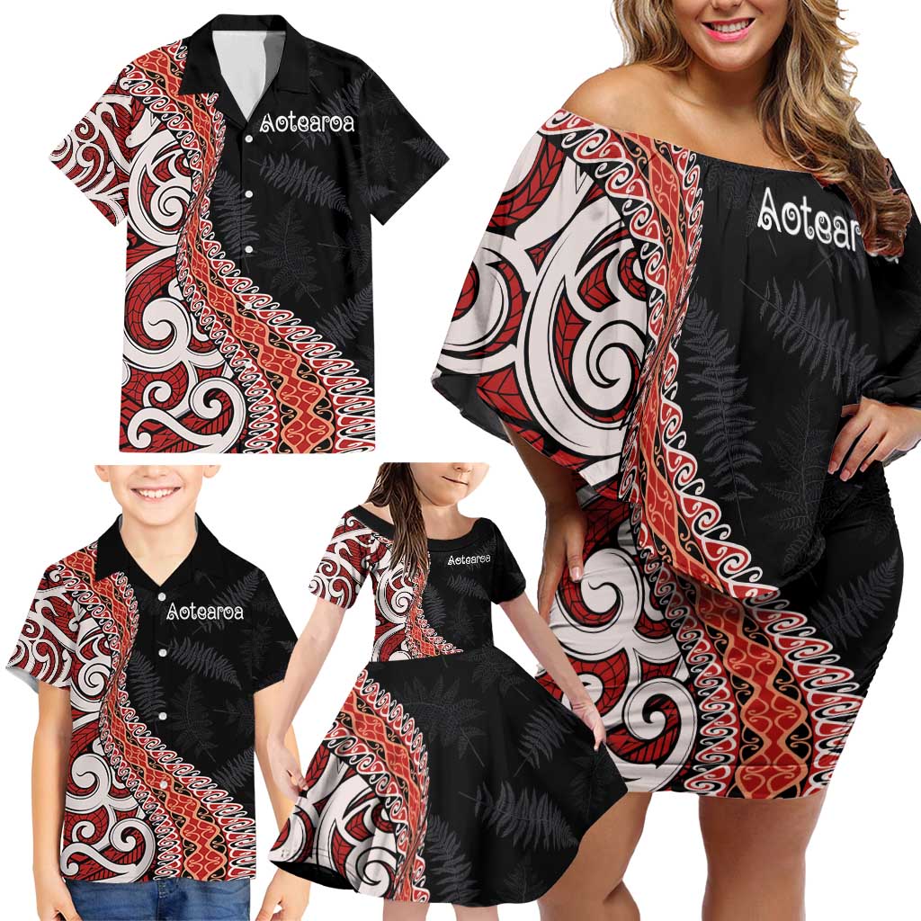 Aotearoa Maori Stylized Koru - Silver Ferns Family Matching Off Shoulder Short Dress and Hawaiian Shirt