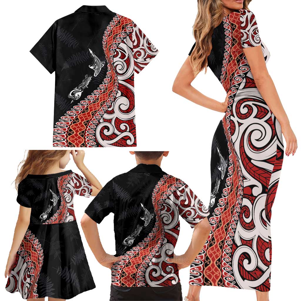Aotearoa Maori Stylized Koru - Silver Ferns Family Matching Short Sleeve Bodycon Dress and Hawaiian Shirt
