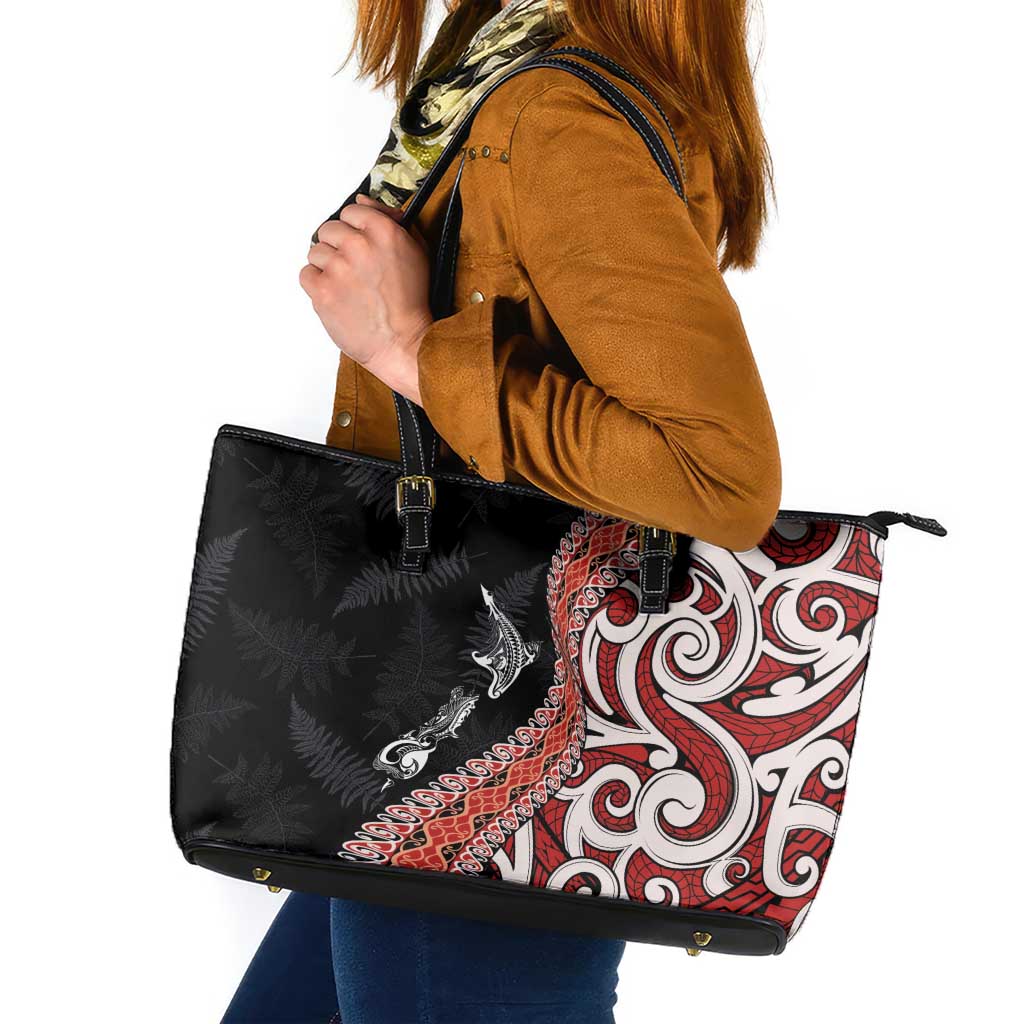 Aotearoa Maori Stylized Koru - Silver Ferns Leather Tote Bag LT03 Red - Polynesian Pride