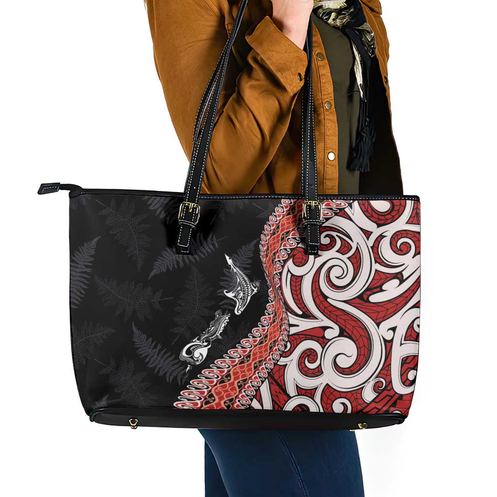 Aotearoa Maori Stylized Koru - Silver Ferns Leather Tote Bag LT03 - Polynesian Pride