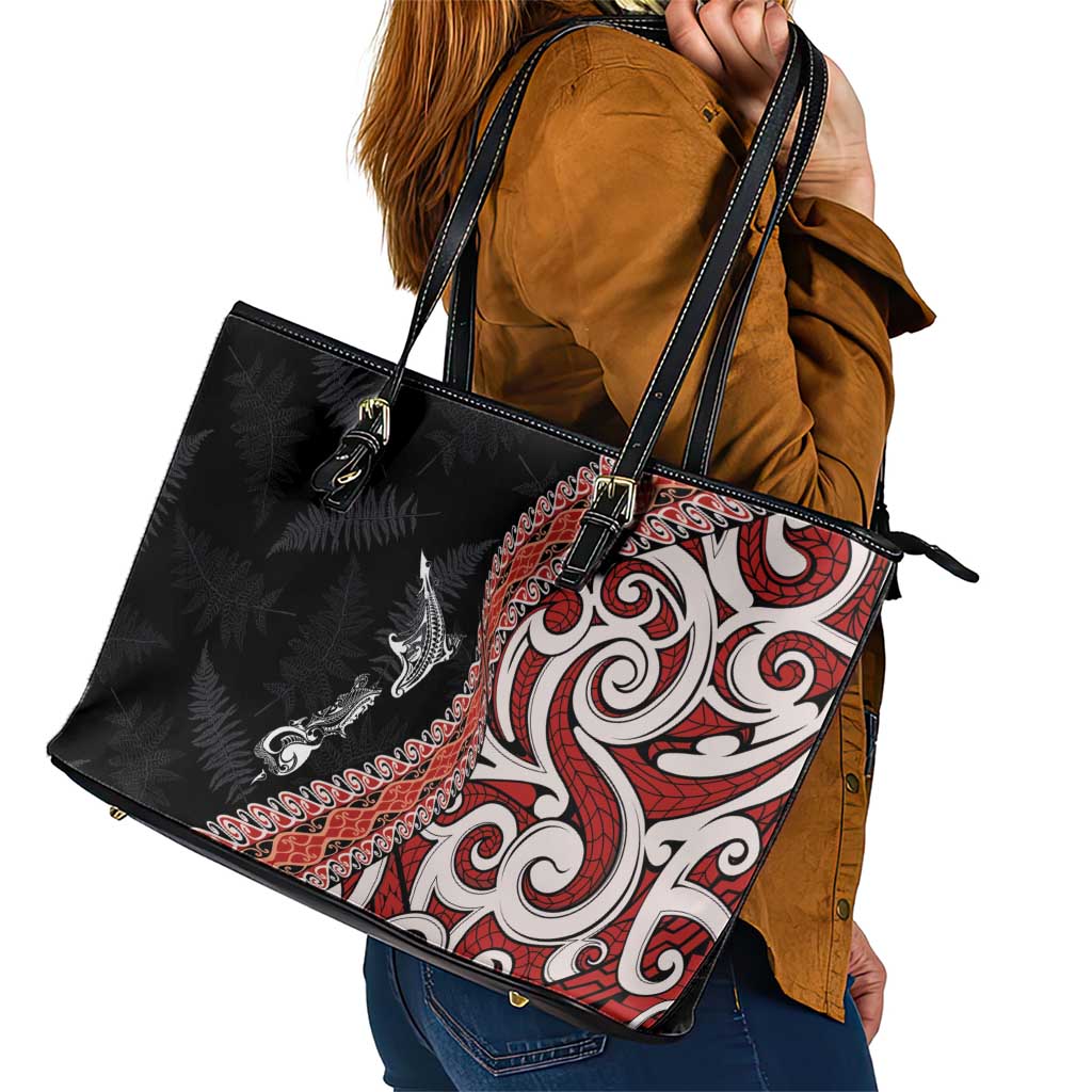 Aotearoa Maori Stylized Koru - Silver Ferns Leather Tote Bag LT03 - Polynesian Pride