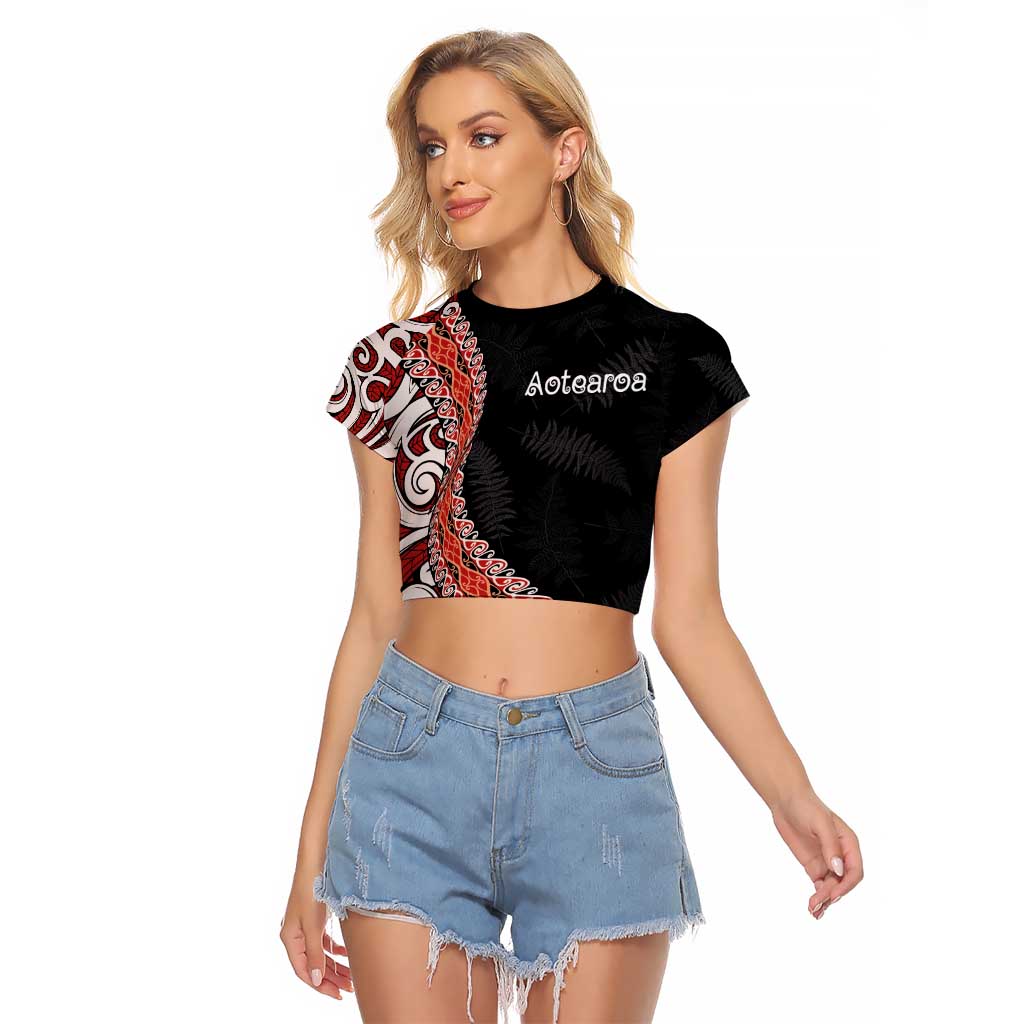Aotearoa Maori Stylized Koru - Silver Ferns Raglan Cropped T Shirt LT03 Female Red - Polynesian Pride