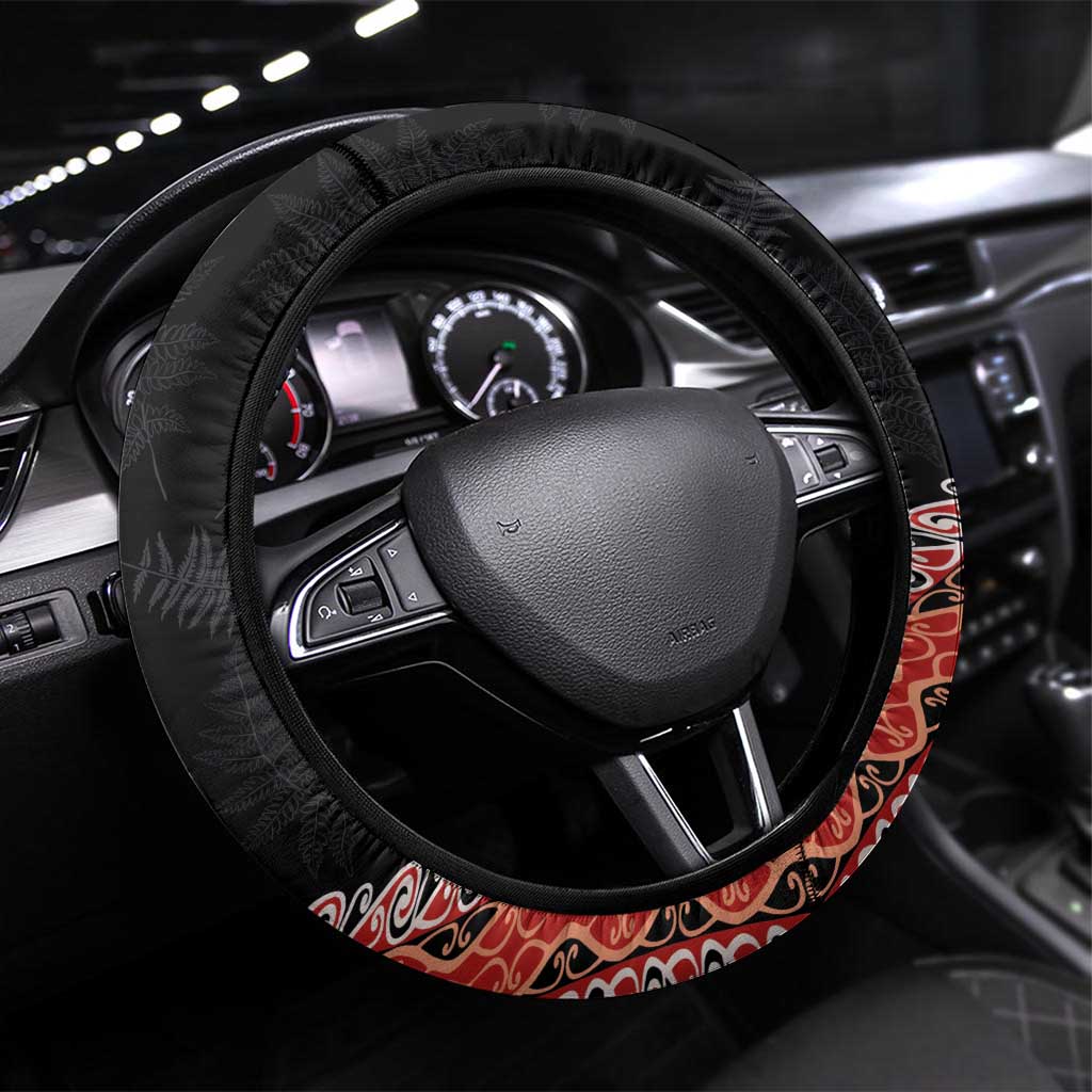 Aotearoa Maori Stylized Koru - Silver Ferns Steering Wheel Cover LT03 Universal Fit Red - Polynesian Pride