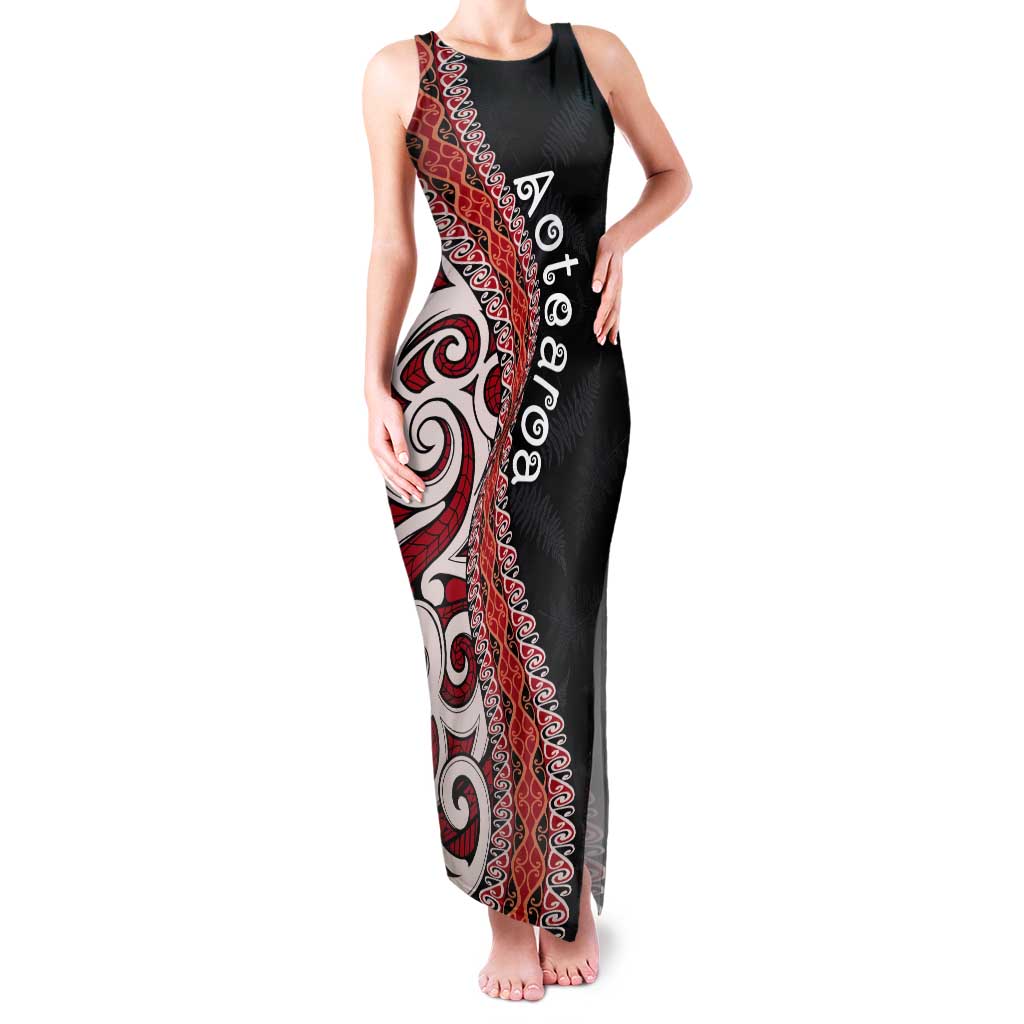 Aotearoa Maori Stylized Koru - Silver Ferns Tank Maxi Dress LT03 Women Red - Polynesian Pride