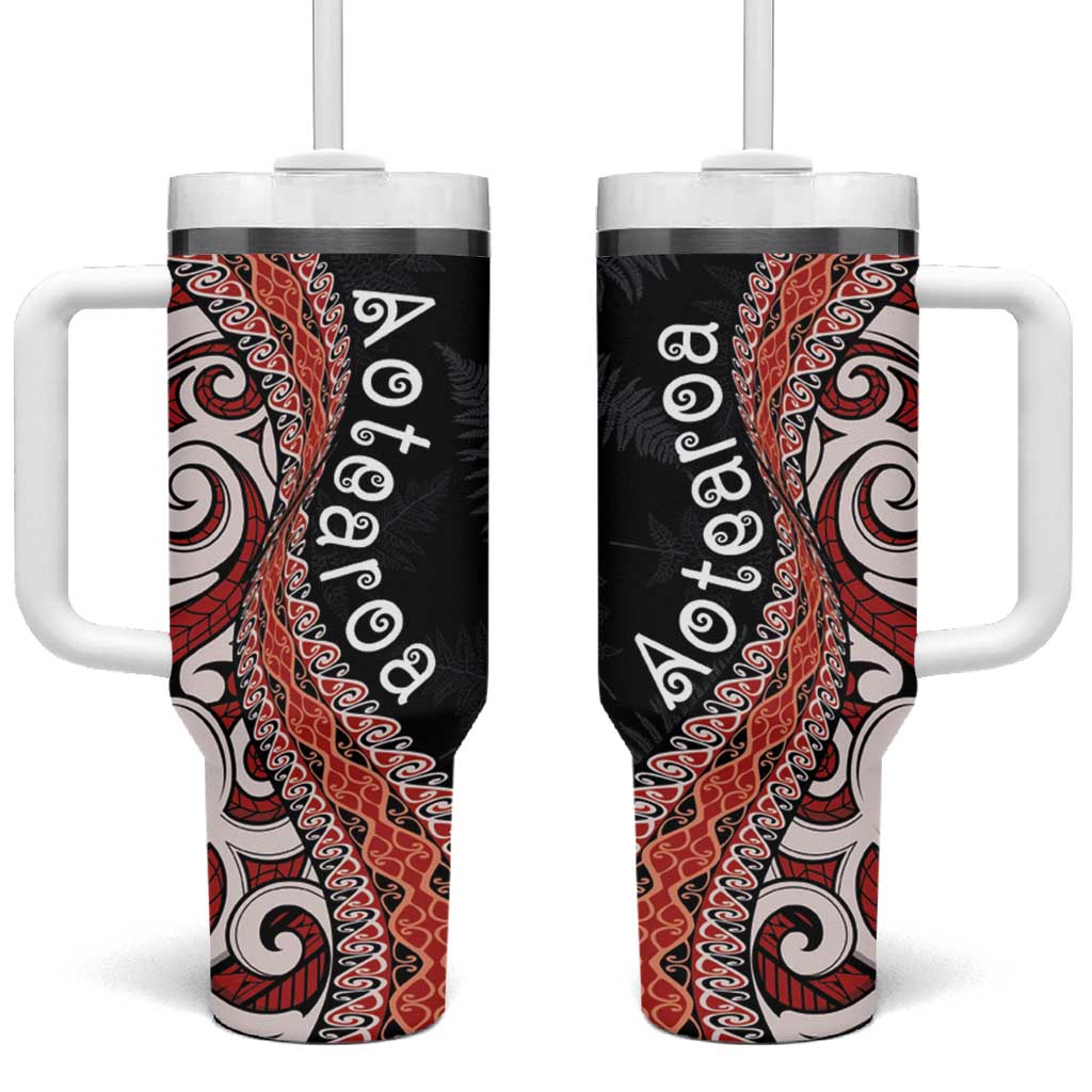 Aotearoa Maori Stylized Koru - Silver Ferns Tumbler With Handle LT03 One Size: 40 oz Red - Polynesian Pride