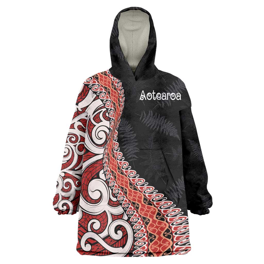 Aotearoa Maori Stylized Koru - Silver Ferns Wearable Blanket Hoodie LT03 One Size Red - Polynesian Pride