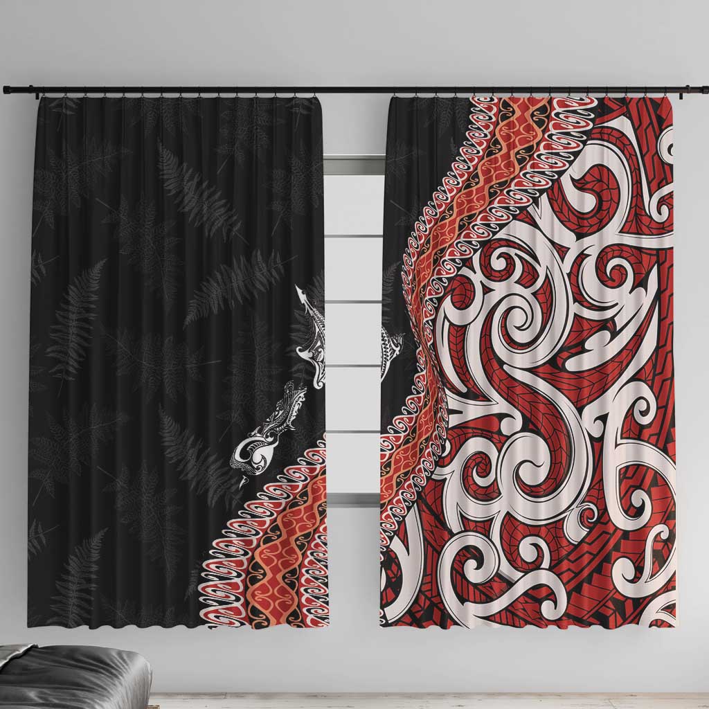 Aotearoa Maori Stylized Koru - Silver Ferns Window Curtain LT03 With Hooks Red - Polynesian Pride