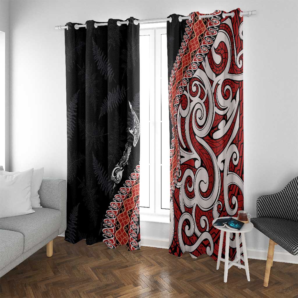 Aotearoa Maori Stylized Koru - Silver Ferns Window Curtain LT03 With Grommets Red - Polynesian Pride