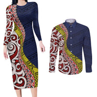 Aotearoa and Niue Couples Matching Long Sleeve Bodycon Dress and Long Sleeve Button Shirt Hiapo Maori Stylized Koru