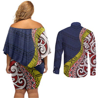 Aotearoa and Niue Couples Matching Off Shoulder Short Dress and Long Sleeve Button Shirt Hiapo Maori Stylized Koru