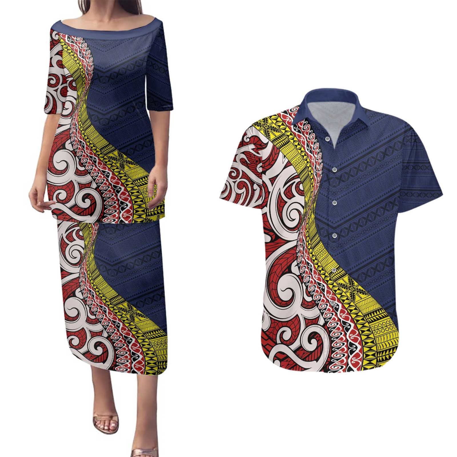 Aotearoa and Niue Couples Matching Puletasi and Hawaiian Shirt Hiapo Maori Stylized Koru LT03 Blue - Polynesian Pride