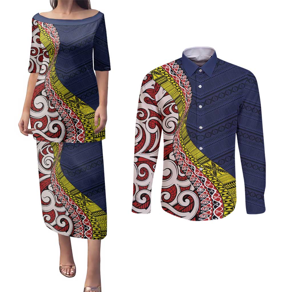 Aotearoa and Niue Couples Matching Puletasi and Long Sleeve Button Shirt Hiapo Maori Stylized Koru LT03 Blue - Polynesian Pride
