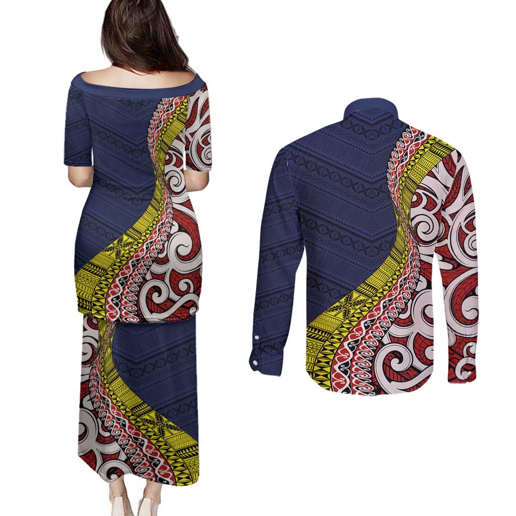 Aotearoa and Niue Couples Matching Puletasi and Long Sleeve Button Shirt Hiapo Maori Stylized Koru LT03 - Polynesian Pride
