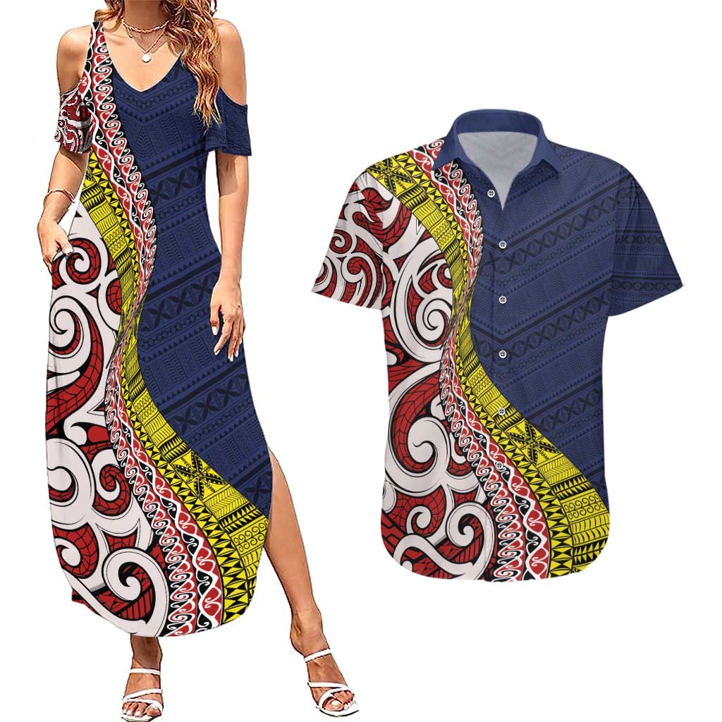 Aotearoa and Niue Couples Matching Summer Maxi Dress and Hawaiian Shirt Hiapo Maori Stylized Koru