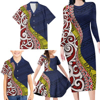 Aotearoa and Niue Family Matching Long Sleeve Bodycon Dress and Hawaiian Shirt Hiapo Maori Stylized Koru