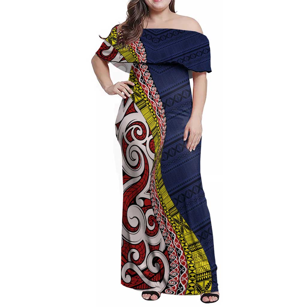 Aotearoa and Niue Family Matching Off Shoulder Maxi Dress and Hawaiian Shirt Hiapo Maori Stylized Koru