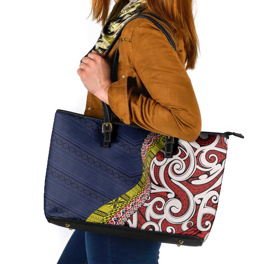 Aotearoa and Niue Leather Tote Bag Hiapo Maori Stylized Koru LT03 Blue - Polynesian Pride