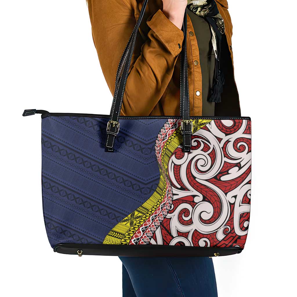 Aotearoa and Niue Leather Tote Bag Hiapo Maori Stylized Koru LT03 - Polynesian Pride