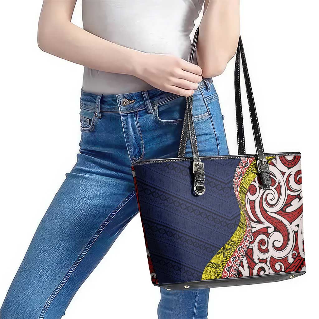 Aotearoa and Niue Leather Tote Bag Hiapo Maori Stylized Koru LT03 - Polynesian Pride