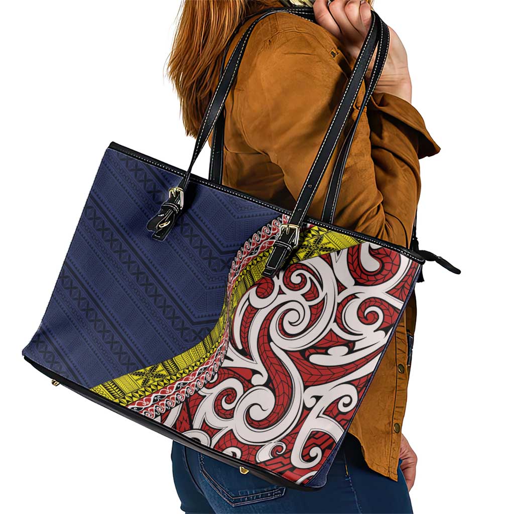 Aotearoa and Niue Leather Tote Bag Hiapo Maori Stylized Koru LT03 - Polynesian Pride