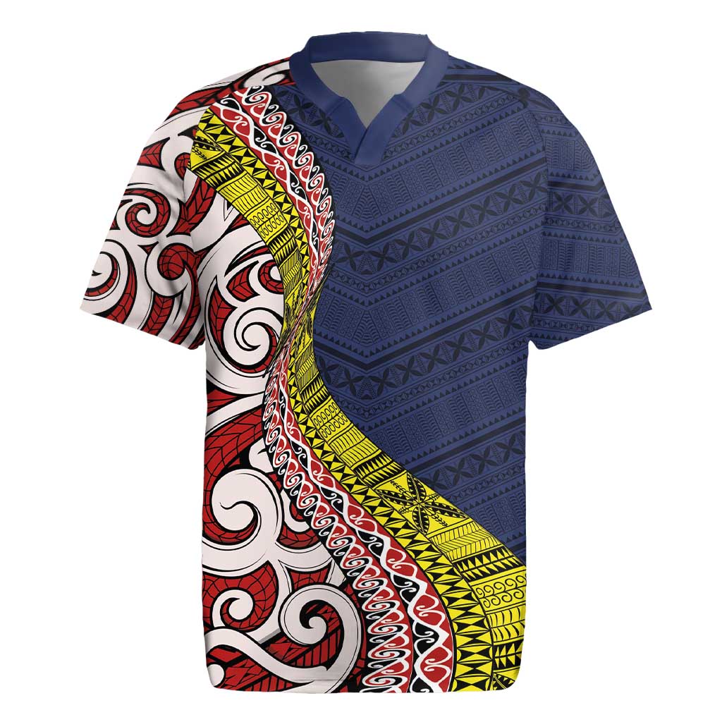 Aotearoa and Niue Rugby Jersey Hiapo Maori Stylized Koru LT03 Blue - Polynesian Pride