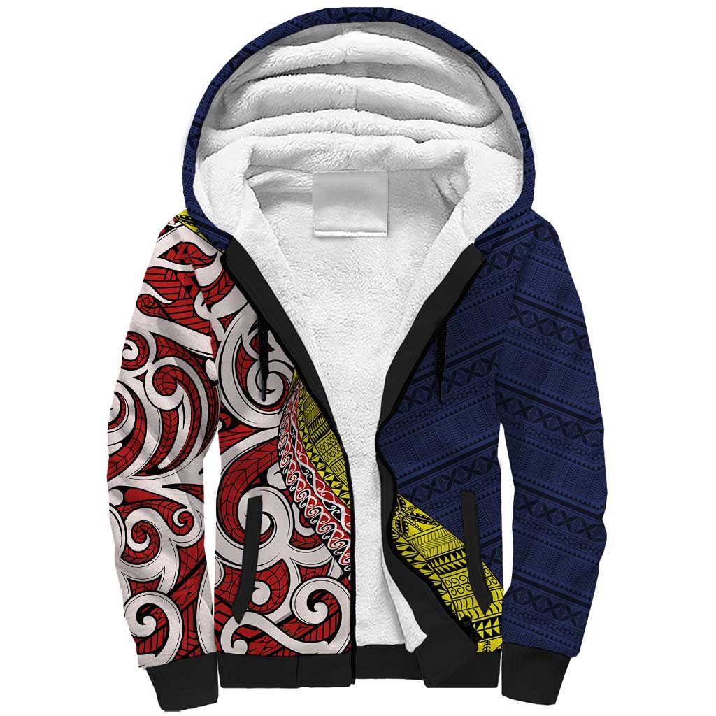 Aotearoa and Niue Sherpa Hoodie Hiapo Maori Stylized Koru LT03 Unisex Blue - Polynesian Pride