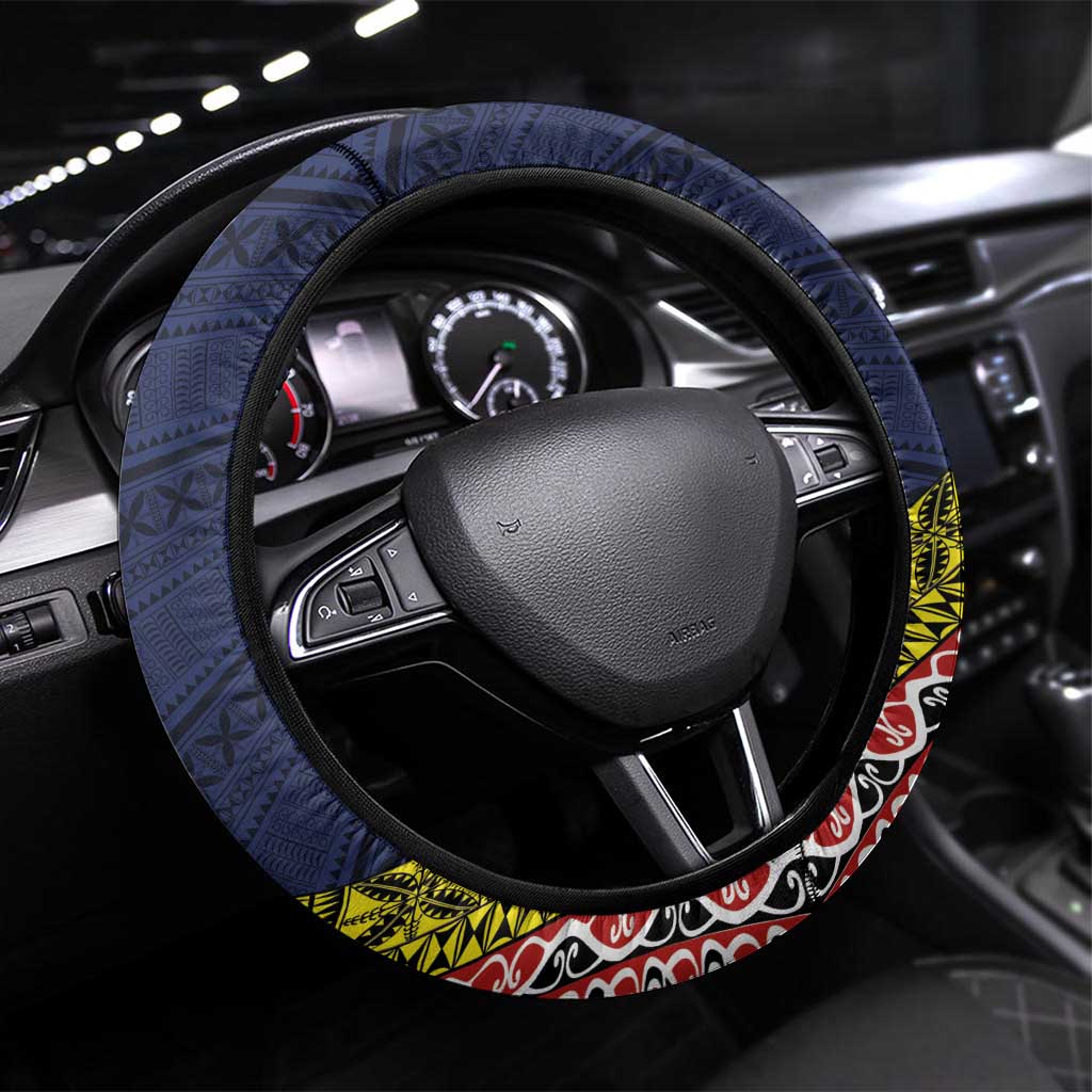 Aotearoa and Niue Steering Wheel Cover Hiapo Maori Stylized Koru LT03 Universal Fit Blue - Polynesian Pride