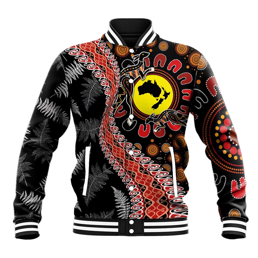 Aotearoa and Australia Baseball Jacket Maori Koru Ferns With Aboriginal Kangaroo LT03 Unisex Black - Polynesian Pride