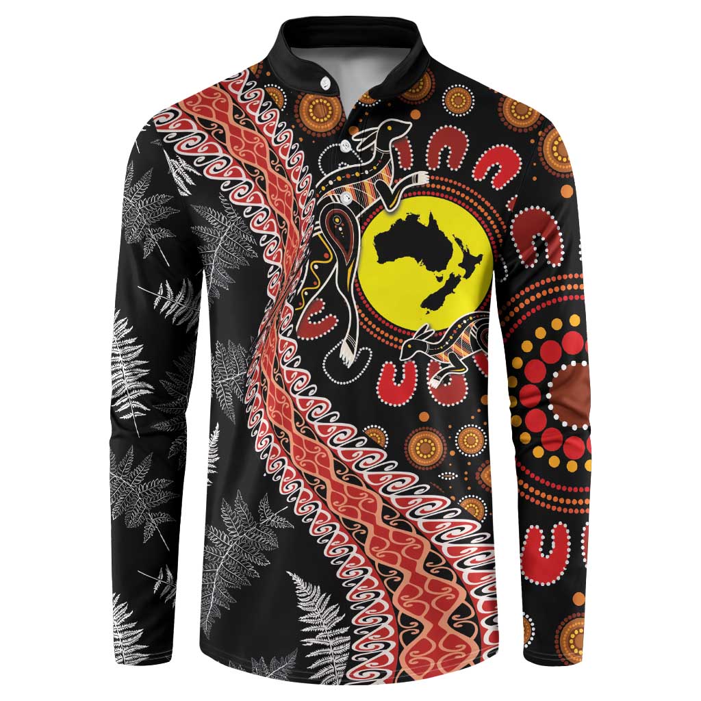Aotearoa and Australia Button Sweatshirt Maori Koru Ferns With Aboriginal Kangaroo LT03 Black - Polynesian Pride