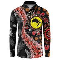 Aotearoa and Australia Button Sweatshirt Maori Koru Ferns With Aboriginal Kangaroo LT03 Black - Polynesian Pride