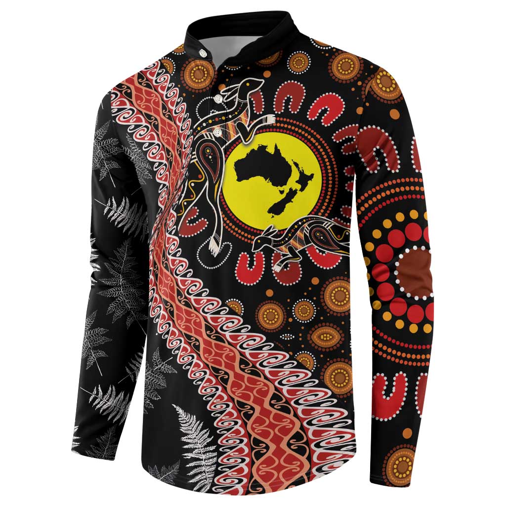 Aotearoa and Australia Button Sweatshirt Maori Koru Ferns With Aboriginal Kangaroo LT03 - Polynesian Pride