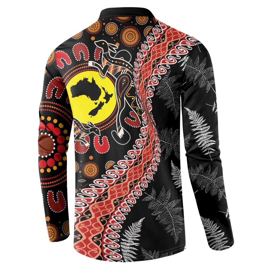 Aotearoa and Australia Button Sweatshirt Maori Koru Ferns With Aboriginal Kangaroo LT03 - Polynesian Pride