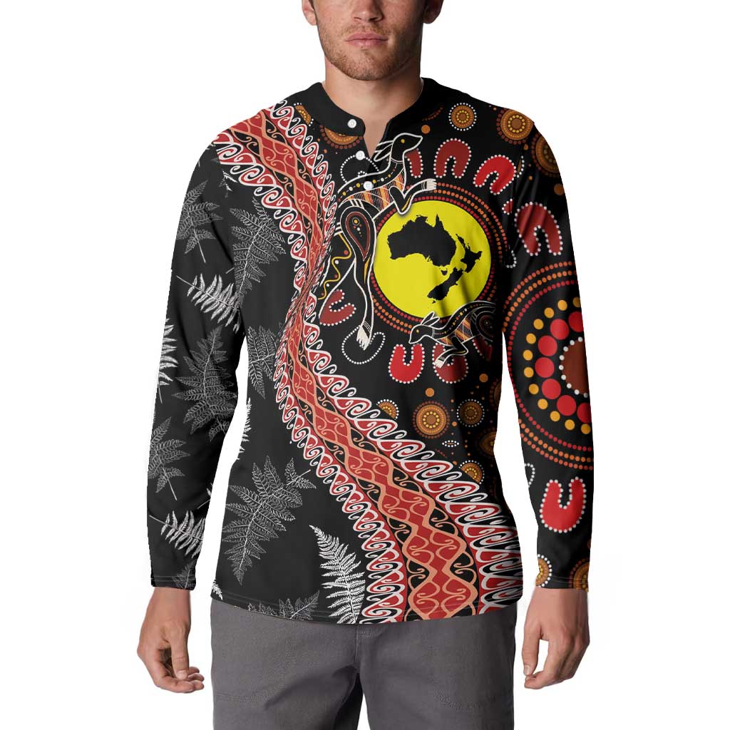 Aotearoa and Australia Button Sweatshirt Maori Koru Ferns With Aboriginal Kangaroo LT03 - Polynesian Pride