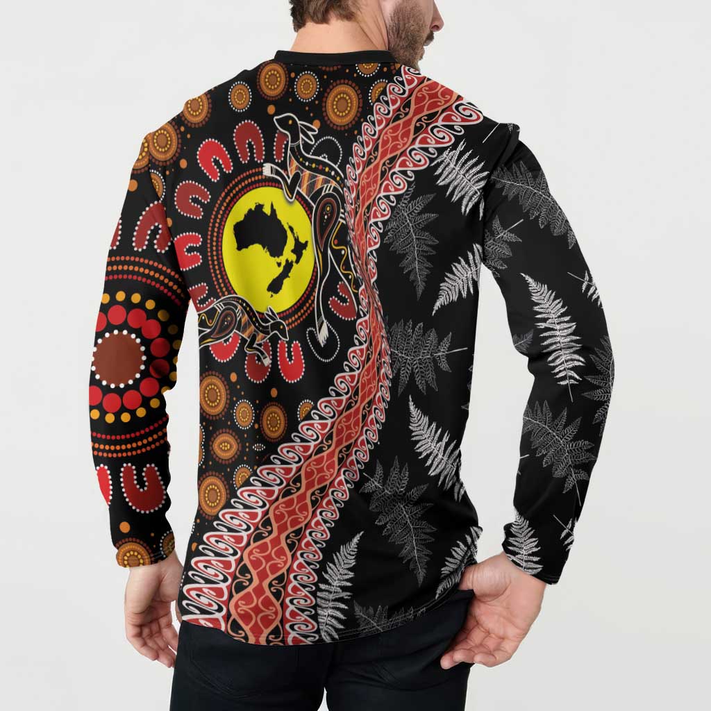 Aotearoa and Australia Button Sweatshirt Maori Koru Ferns With Aboriginal Kangaroo LT03 - Polynesian Pride