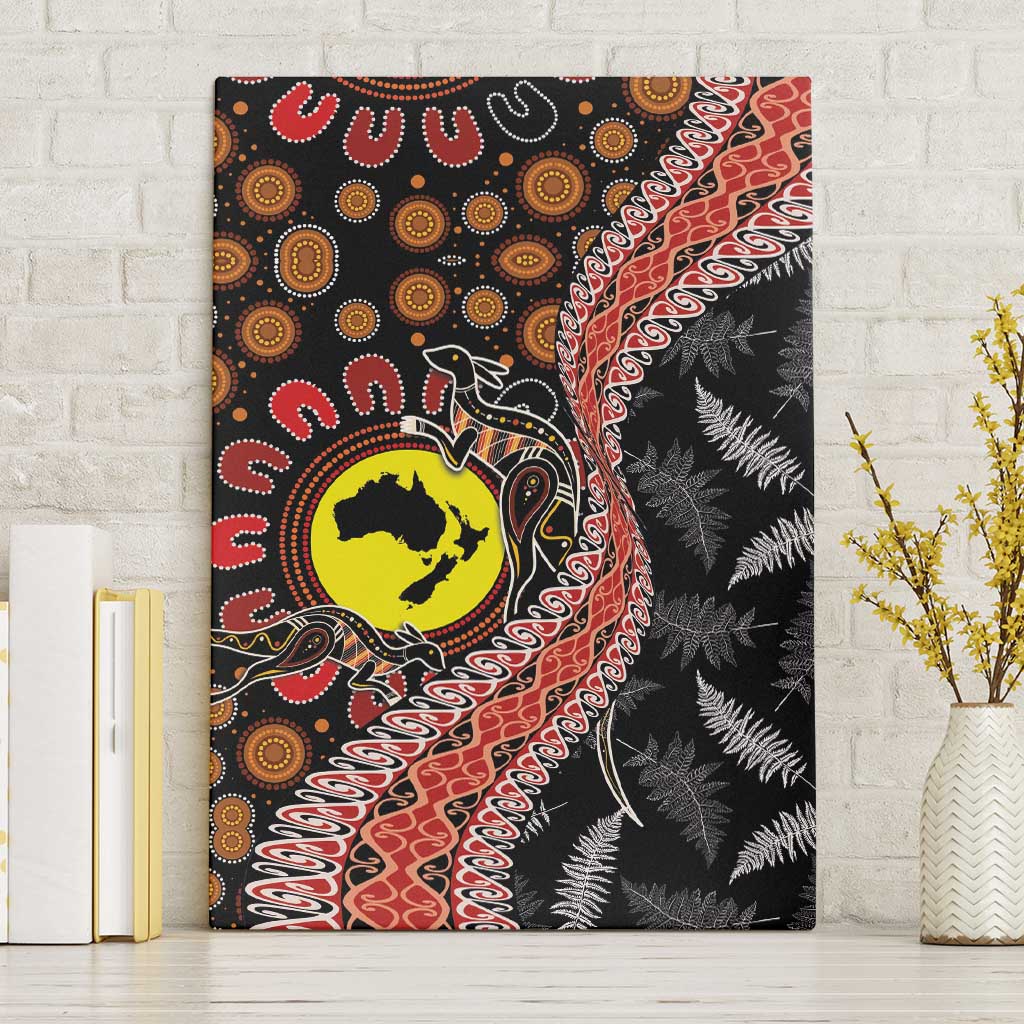 Aotearoa and Australia Canvas Wall Art Maori Koru Ferns With Aboriginal Kangaroo LT03 Without Frame Black - Polynesian Pride