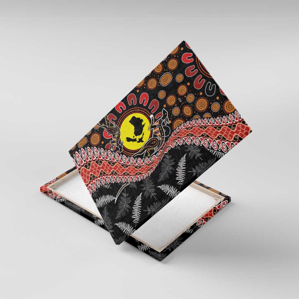 Aotearoa and Australia Canvas Wall Art Maori Koru Ferns With Aboriginal Kangaroo LT03 With Frame Black - Polynesian Pride