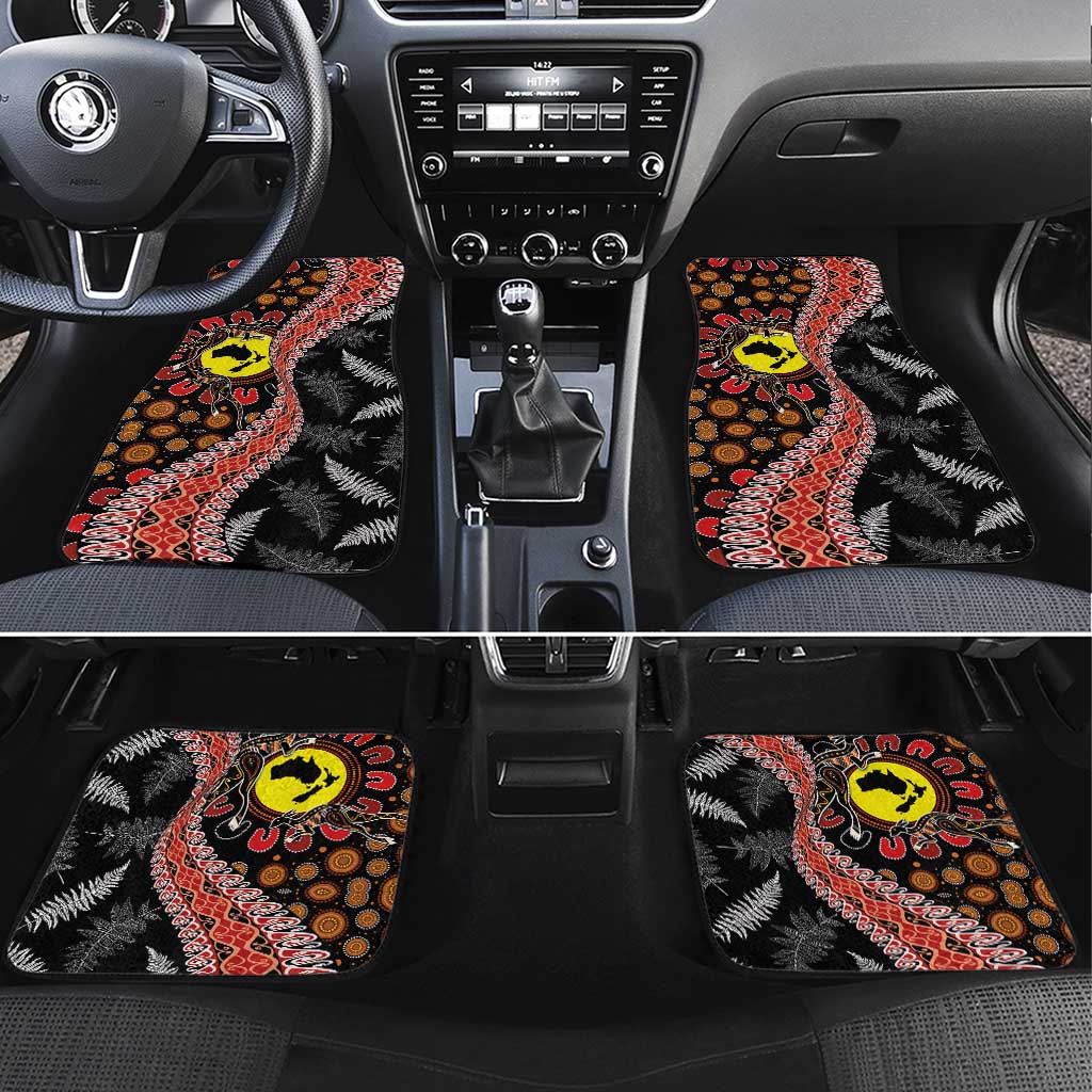 Aotearoa and Australia Car Mats Maori Koru Ferns With Aboriginal Kangaroo LT03 Set 4pcs Black - Polynesian Pride