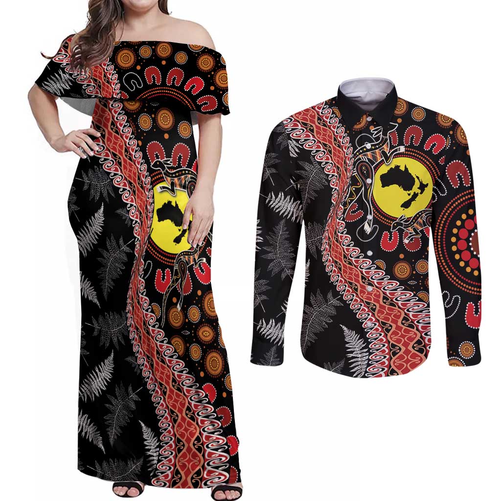 Aotearoa and Australia Couples Matching Off Shoulder Maxi Dress and Long Sleeve Button Shirt Maori Koru Ferns With Aboriginal Kangaroo LT03 Black - Polynesian Pride