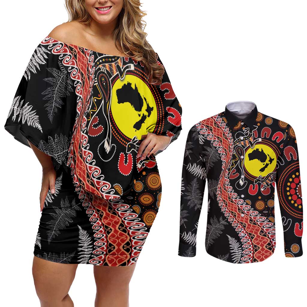 Aotearoa and Australia Couples Matching Off Shoulder Short Dress and Long Sleeve Button Shirt Maori Koru Ferns With Aboriginal Kangaroo LT03 Black - Polynesian Pride