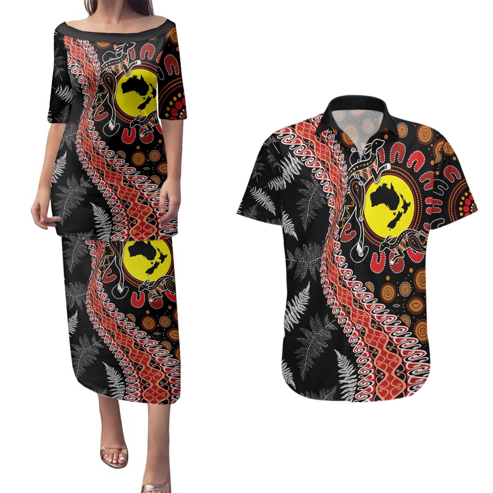 Aotearoa and Australia Couples Matching Puletasi and Hawaiian Shirt Maori Koru Ferns With Aboriginal Kangaroo LT03 Black - Polynesian Pride