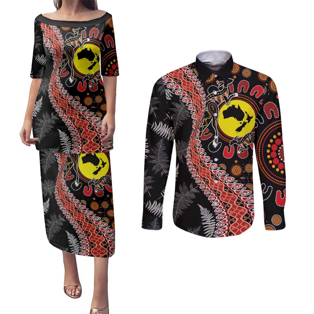 Aotearoa and Australia Couples Matching Puletasi and Long Sleeve Button Shirt Maori Koru Ferns With Aboriginal Kangaroo LT03 Black - Polynesian Pride