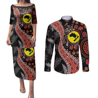 Aotearoa and Australia Couples Matching Puletasi and Long Sleeve Button Shirt Maori Koru Ferns With Aboriginal Kangaroo LT03 Black - Polynesian Pride