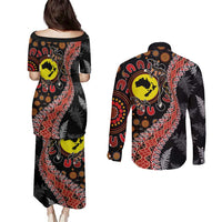 Aotearoa and Australia Couples Matching Puletasi and Long Sleeve Button Shirt Maori Koru Ferns With Aboriginal Kangaroo LT03 - Polynesian Pride