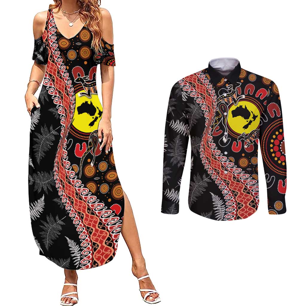 Aotearoa and Australia Couples Matching Summer Maxi Dress and Long Sleeve Button Shirt Maori Koru Ferns With Aboriginal Kangaroo