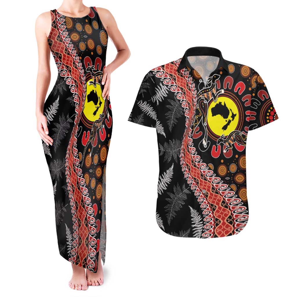 Aotearoa and Australia Couples Matching Tank Maxi Dress and Hawaiian Shirt Maori Koru Ferns With Aboriginal Kangaroo LT03 Black - Polynesian Pride