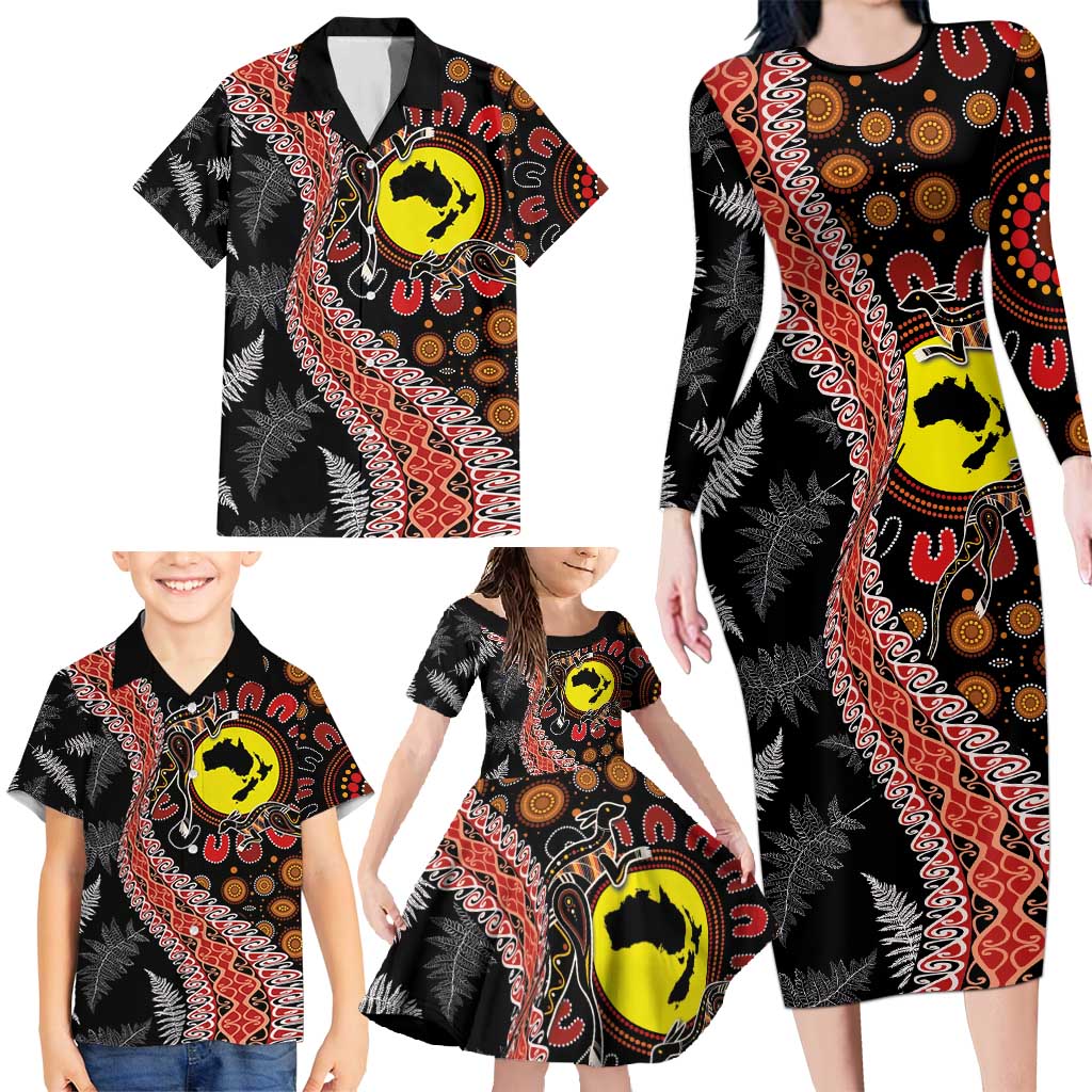 Aotearoa and Australia Family Matching Long Sleeve Bodycon Dress and Hawaiian Shirt Maori Koru Ferns With Aboriginal Kangaroo